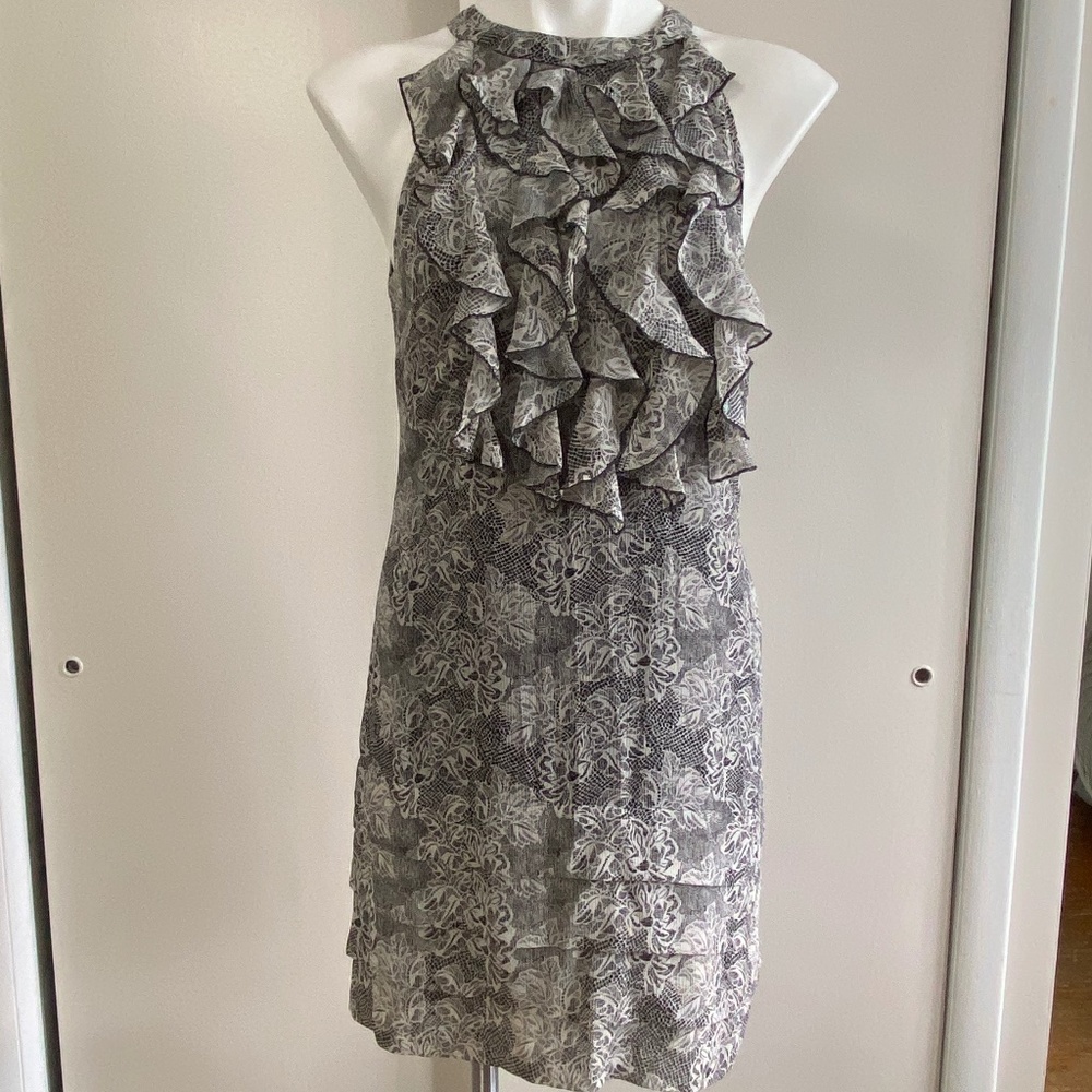 Eci Black and Ivory Ruffle Front Open Back Sleeveless Dress